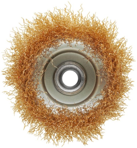 Корщетка-чашка, гайка М14, стальная латунированная волнистая проволока 100 мм, блистер | код 39093 | FIT фото 5