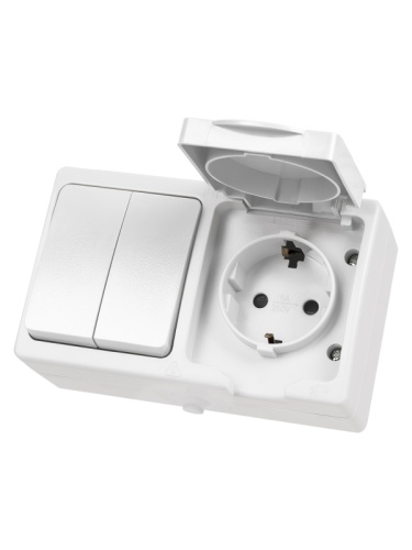 Блок (горизонтальный) выключатель 2-кл. + розетка 2П+З с з/ш БКВР IP54 белый Вуокса TDM | код SQ1803-1012 | TDM