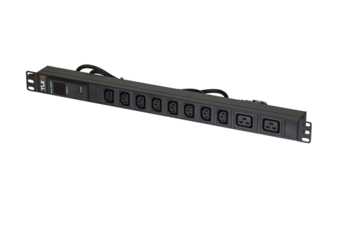 Блок электрических розеток TLK, вертикальный, 8 гнезд C13, 2 гнезда C19, 16 А, цифровой амперметр, шнур питания 2 метра 3х1,5мм2, евровилка, металлический корпус, макс. мощность 4000 Вт, 626х44.4х44.4 мм. | код TLK-PSA08B02-ML-04-BK | TLK С