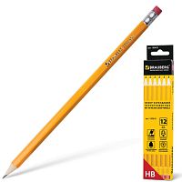 Карандаши чернографитные BRAUBERG НАБОР 12 шт., НВ, c резинкой, корпус желтый, заточенные, картонная упаковка, 180635 | код 180635 | BRAUBERG
