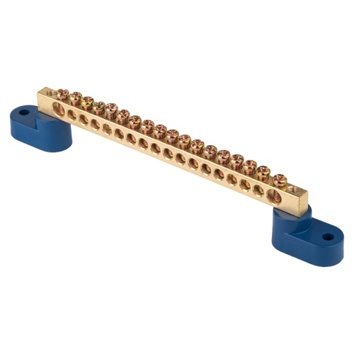 Шина "0" N (8х12мм) 18 отверстий латунь 2 синих угловых изолятора PROxima | код sn0-125-18-2 | EKF