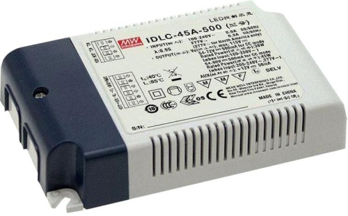 Источник питания AC-DC, 44.8Вт, вход 90…295В AC, 47…63Гц/125…417В DC, ККМ, выход 19…32В/1400мА, изоляция 3750В AC, в кожухе 120х75х25, -20…+80С (корпус), димминг 0...10 В/ШИМ, доп. выход 12В/50 мА | код IDLC-45A-1400 | MeanWell
