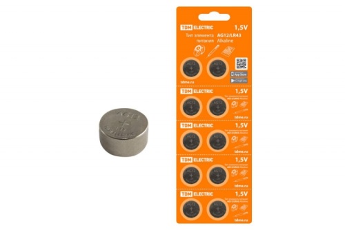 Элемент питания AG12/LR43 Alkaline 1,5V BP-10 TDM | код SQ1702-0046 | TDM
