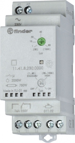 Фотореле модульное с фотоэлементом 011.03, монтаж на рейку 35мм, 1CO 16A, питание 230В АC, настройка чувствит. 1…80люкс, 30…1000люкс, ширина 35мм, степень защиты: фотореле IP20, фотоэлемент IP54, упаковка 1шт. | код 114182300000POS | FINDER Фотореле модульное с фотоэлементом 011.03, монтаж на рейку 35мм, 1CO 16A, питание 230В АC, настройка чувствит. 1…80люкс, 30…1000люкс, ширина 35мм, степень защиты: фотореле IP20, фотоэлемент IP54, упаковка 1шт. | код 114182300000POS | FINDER