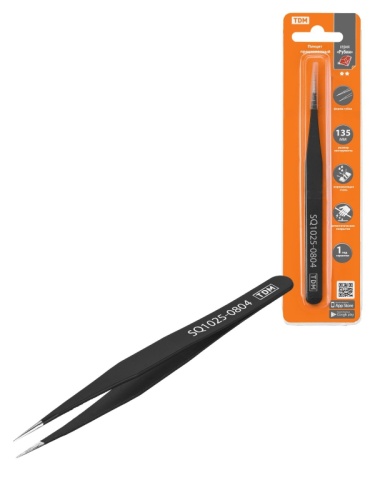 Пинцет прецизионный прямой 135 мм, острое жало, нерж., антистатич. покр., блистер, Рубин TDM | код SQ1025-0804 | TDM