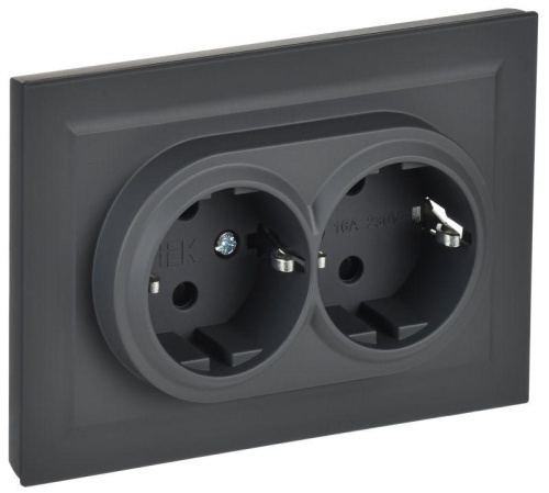 BRITE Розетка 2-местная с заземлением с защитными шторками 16А в сборе РСш12-3-БрГ графит | код BR-R24-16-K53-F | IEK
