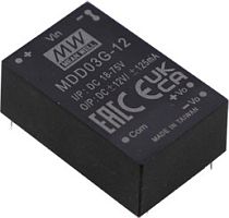 Источник питания DC-DC, 3Вт, вход 24,48В (18…75В) DC, потребление без/под нагр. 15мА/158мА, выход ±5В/±30…300мА, КПД 80%, ёмкостная нагр. макс. ±220мкф, изоляция 6000В DC/4200В AC, в корпусе 31.8х20.3х12.2мм, -40…+90С | код MDD03G-05 | Mean
