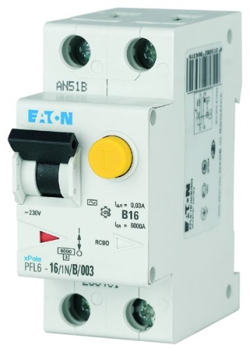 Дифференциальный автоматический выключатель 16/0,03А (AC), кривая отключения В, 1+N полюсов, откл. способность 6 кА, PFL6-16/1N/B/003 | код 286431 | EATON Дифференциальный автоматический выключатель 16/0,03А (AC), кривая отключения В, 1+N полюсов, откл. способность 6 кА, PFL6-16/1N/B/003 | код 286431 | EATON
