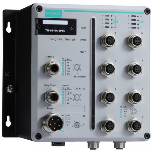Коммутатор TN-5510A-8PoE-2GTXBP-WV-CT-T 8 * FE with 802.3at PoE+ and 2 * GE M12 ports with bypass function, power input 24 - 110 VDC, conformal coatin | код 00-06103533 | MOXA