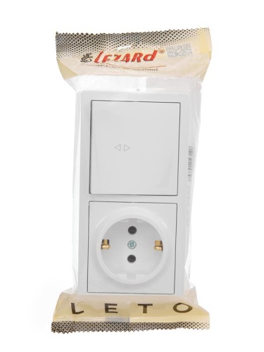 Блок ОП LETO (1-кл. выключатель проходной + 1-м розетка с заземл.) горизонт. бел. LEZARD 752-0200-170BVP
