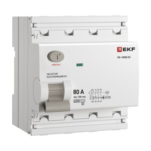 Выключатель дифференциального тока ВД-100N (S) 4P 80А 100мА тип AC эл-мех 6кА PROXIMA EKF | код E1046MS80100 | EKF Выключатель дифференциального тока ВД-100N (S) 4P 80А 100мА тип AC эл-мех 6кА PROXIMA EKF | код E1046MS80100 | EKF