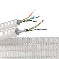 Элетротруба из ПЛЛ не содержит галогенов, гибкая гофрированна д. 16 мм, цвет белый, с кабелем витая пара 5EU/UTP нг(А)-HF, 50 м | код 8EU81650HF | DKC