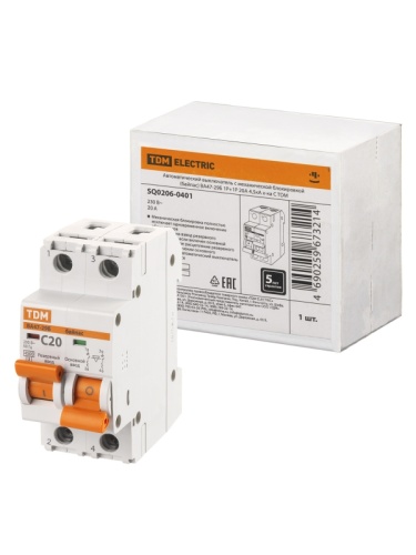 Авт. выкл. с мех. блок. (байпас) ВА47-29Б 1Р+1Р 20А 4,5кА х-ка C TDM | код SQ0206-0401 | TDM Авт. выкл. с мех. блок. (байпас) ВА47-29Б 1Р+1Р 20А 4,5кА х-ка C TDM | код SQ0206-0401 | TDM