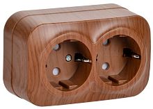 Розетка двухместная для открытой установки РСш22-3-ХД с заземлением и защитной шторкой 16А GLORY дуб | код ERH24-K24-16 | IEK