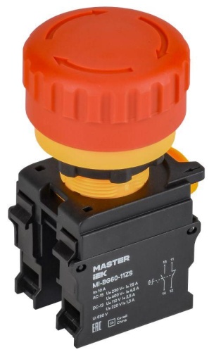 Кнопка Грибок поворотная с фиксацией 1NO+1NC красная MASTER IEK" | код MI-BG60-11ZS-3-23-K04 | IEK