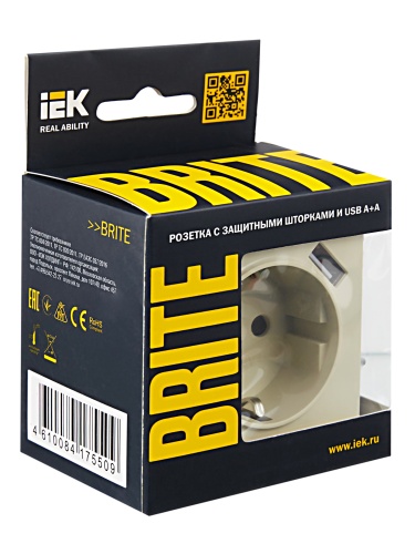 Розетка BRITE РЮш10-1-БрКр 16А с USB A+A 2.1А с заземл. защ. шторки беж. | код. BR-R14-16-U21-D21-K10 | IEK фото 8