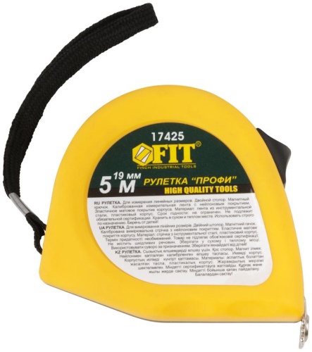Рулетка Профи, калибр.лента, нейлон.покр., магн.крючок, эласт.корпус черн-желт., двойн.стопор 5 м х 19 мм | код 17425 | FIT