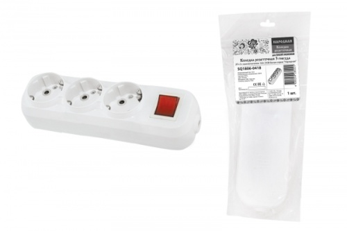 Колодка розеточная 3 гнезда 2П+3 c выключателем 16А 250В белая серии Народная | код SQ1806-0418 | TDM НАРОДНЫЙ
