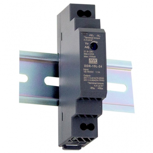 Источник питания DC-DC, 15Вт, вход 9…36 В DC, выход 24В/0.63А, изоляция 4000В DC, в кожухе на DIN-рейку, 17.5х90х54.5мм, -40...+85С | код DDR-15G-24 | MeanWell