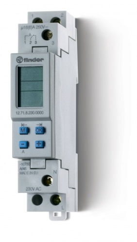 Реле времени цифровое недельное, программируется ПК (012.00), монтаж на рейку 35мм, 1СO 16A, питание 24В АC/DC, ширина 17.8мм, степень защиты IP20, упаковка 1шт. | код 127100240000PAS | FINDER