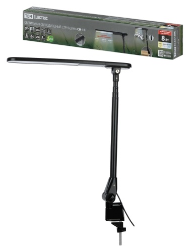 Светильник светодиодный струбцина СН-10, 8 Вт, телескопич., сенс-димм, 2700-6500 К, USB, черный, TDM | код SQ0337-0167 | TDM