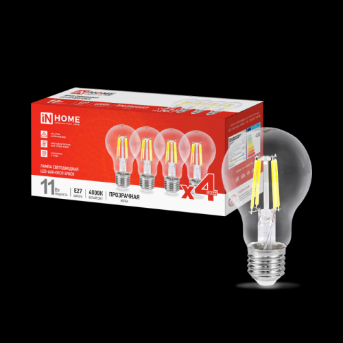 Лампа светодиодная LED-A60-deco 4PACK 11Вт 230В Е27 4000К 1160Лм прозрачная IN HOME | код 4690612053417 | IN HOME