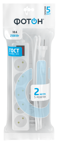 Удлинитель сетевой 10-25S [1х5], 2м, 10А, без заземления с выключателем, белый | код. 21117 | ФОТОН