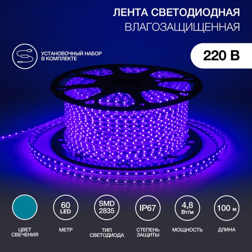 LED лента 220 В, 10х7 мм, IP67, SMD 2835, 60 LED/m, цвет свечения синий, бухта 100 м | код 142-603 | NEON-NIGHT