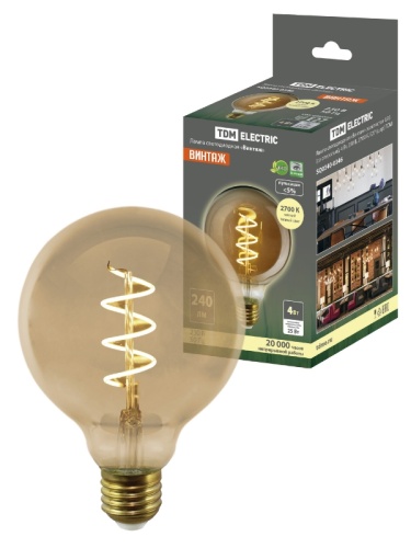 Лампа светодиодная «Винтаж» золотистая G95 (со спиралью), 4 Вт, 230 В, 2700 К, E27 (шар) TDM | код SQ0340-0346 | TDM