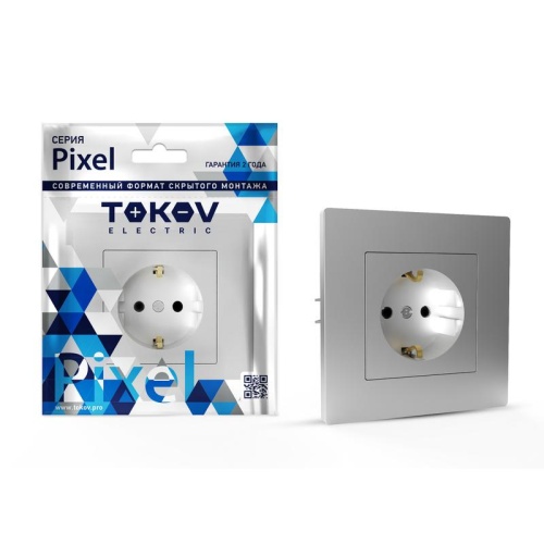 Розетка 1-м СП Pixel 16А IP20 с заземл. защ. шторки в сборе алюм. | код TKE-PX-R1FZSF-C03 | TOKOV ELECTRIC