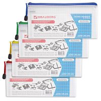 Папка-конверт на молнии МАЛЫЙ ФОРМАТ (255х130 мм), молния ассорти, сетка, прозрачная, 0,2 мм, BRAUBERG Segment, 223888 | код 223888 | BRAUBERG