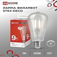Лампа сд LED-ST64-deco 9Вт Е27 4000К 1140Лм прозрачная IN HOME | код 4690612050829 | IN HOME