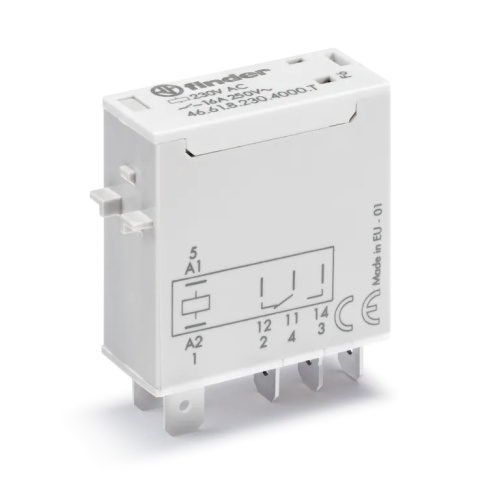 Миниатюрное промышленное электромеханическое реле, монтаж в розетку или наконечники Faston (4.8х0.5мм), 1СO 16A, контакты AgSnO2, катушка 120В AC, влагозащита RTII, опции: нет, специальная версия для Ж/Д-транспорта | код 466181204000T | FIN