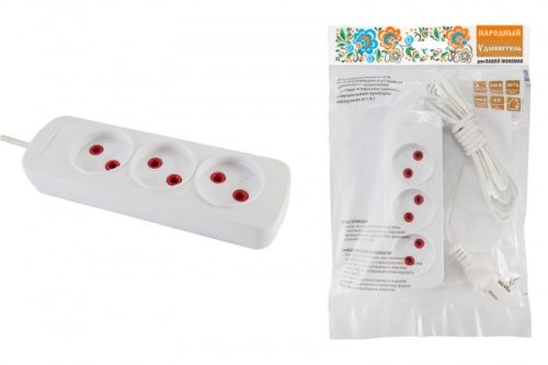 Удлинитель 3 гнезда, 1,5 метра, б/з, 6 А, 1380 Вт, белый, НАРОДНЫЙ | код SQ1303-1200 | TDM НАРОДНЫЙ