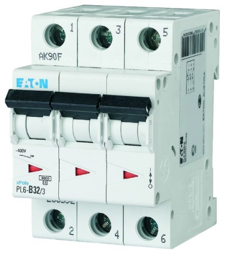 Автоматический выключатель 32А, кривая отключения B, 3 полюса, откл. способность 6 кА, PL6-B32/3 | код 286592 | EATON Автоматический выключатель 32А, кривая отключения B, 3 полюса, откл. способность 6 кА, PL6-B32/3 | код 286592 | EATON