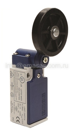 Выключатель концевой быстрого переключения угловой 2-х направленный с пластмассовой консолью и резиновым роликом Ф50мм (1НО+1НЗ), L5K13MEL121 | код L5K13MEL121 | EMAS