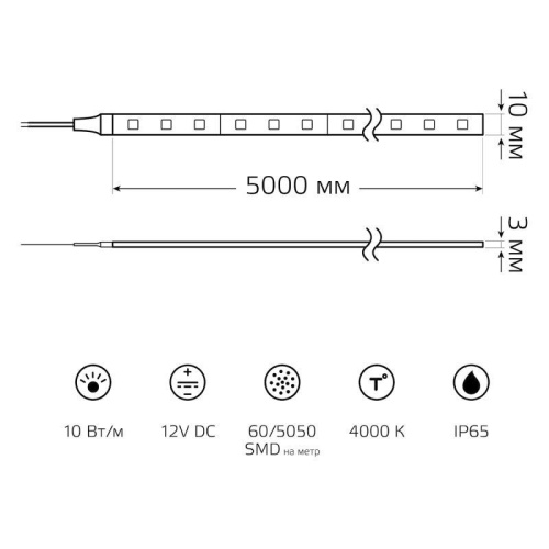 Лента светодиодная LED 5050/60-SMD 10 Вт/м 700 лм/м 4000К DC 12В IP65 10мм (блистер 5м) Basic Gauss | код BT053 | Gauss фото 4