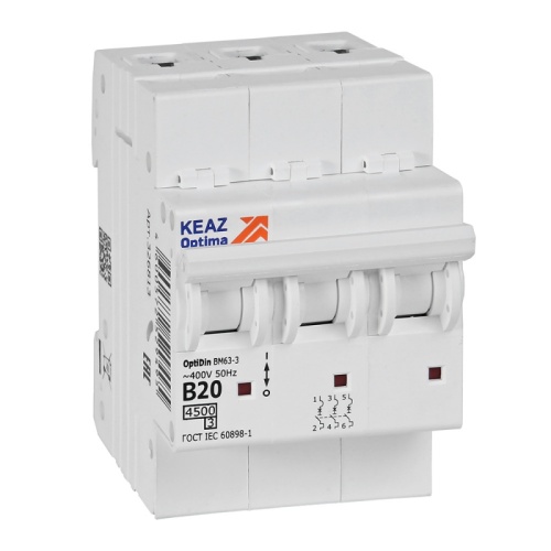 Выключатель автоматический модульный OptiDin BM63-3B20-4,5-УХЛ3 | код 329520 | КЭАЗ Выключатель автоматический модульный OptiDin BM63-3B20-4,5-УХЛ3 | код 329520 | КЭАЗ
