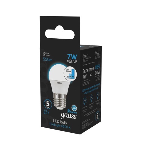 Лампа светодиодная LED 7 Вт 550 лм 6500К шар P45 холодный E27 AC 220В шаговое диммирование выключателем Black Gauss | код 105102307-S | Gauss фото 6
