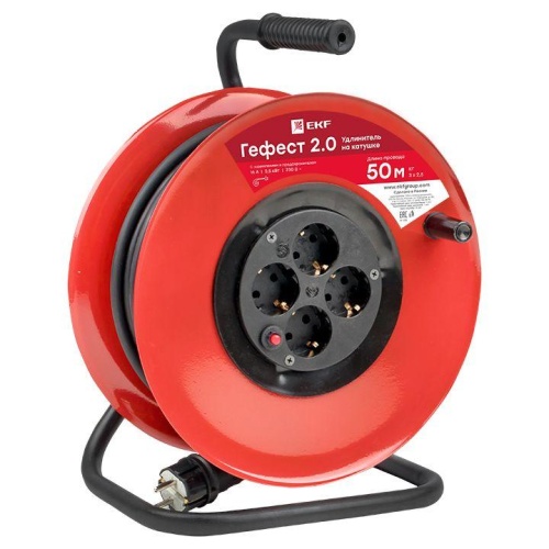 Удлинитель на катушке "Гефест 2,0" 4 гнезда 50м с заземлением и предохранителем КГ 3*2,5 16А/3,5кВт PROxima | код UKG02-16-R325-4-50 | EKF Удлинитель на катушке "Гефест 2,0" 4 гнезда 50м с заземлением и предохранителем КГ 3*2,5 16А/3,5кВт PROxima | код UKG02-16-R325-4-50 | EKF