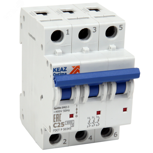 Выключатель автоматический трехполюсный 3А C 6кА AC OptiDin BM63-3C3-УХЛ3 | код 260797 | КЭАЗ