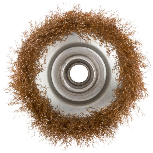 Кордщетка чашечная, гайка М14, стальная латунированная волнистая проволока 100 мм | код 39038 | FIT фото 2