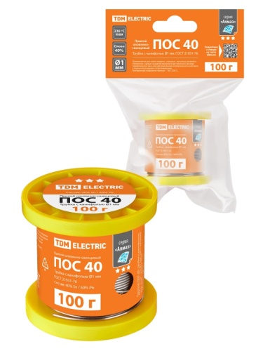 Припой ПОС 40, трубка с канифолью, ГОСТ 21931-76, ?1 мм, 100 г, катушка, инд. упак., Алмаз TDM | код SQ1025-1811 | TDM Припой ПОС 40, трубка с канифолью, ГОСТ 21931-76, ?1 мм, 100 г, катушка, инд. упак., Алмаз TDM | код SQ1025-1811 | TDM
