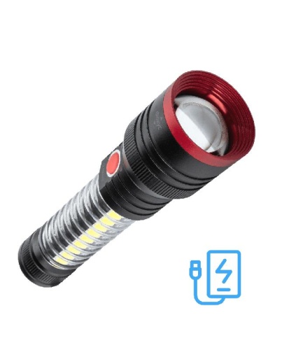 Фонарь аккумуляторный ручной 10Вт LED+5Вт COB LED+красн. zoom-линза Li-ion 18650 2200мА.ч Power-bank корпус анодированный алюм. USB-шнур type C магнит на корпусе | код KOC132Lit | КОСМОС