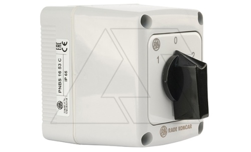 Переключатель PNBS 16 53, 3P, 20A, тип 1-0-2 (60°), 3NO на 1_2, черная рукоятка, в корпусе IP65 | код EAC604005R | Rade Koncar Переключатель PNBS 16 53, 3P, 20A, тип 1-0-2 (60°), 3NO на 1_2, черная рукоятка, в корпусе IP65 | код EAC604005R | Rade Koncar