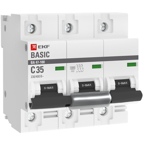 Автоматический выключатель 3P 35А (C) 10kA ВА 47-100 Basic | код mcb47100-3-35C-bas | EKF