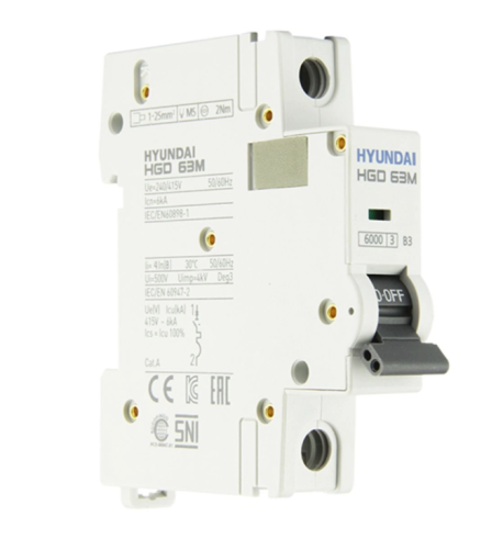 Автоматический выключатель HGD63-M 1PMBS0000C 00003 1 полюс, 3А, ток к.з. 6kA, хар-ка B (STANDARD) | код 13.04.001020 | HYUNDAI Автоматический выключатель HGD63-M 1PMBS0000C 00003 1 полюс, 3А, ток к.з. 6kA, хар-ка B (STANDARD) | код 13.04.001020 | HYUNDAI