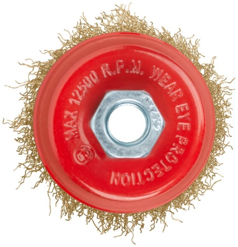 Корщетка-чашка гайка М14 стальная латунированная волнистая проволока 75мм FIT 39267 фото 2