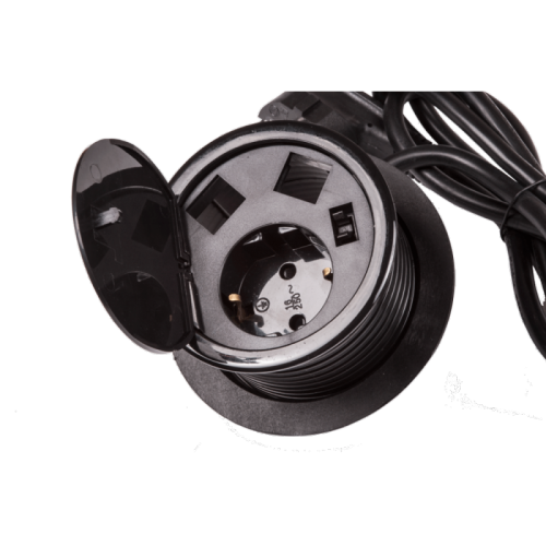 Лючок в стол на два кейстоуна + одна розетка со шнуром 1.8м, черный | код LAN-WA-MCTA-2OK+G | LANMASTER