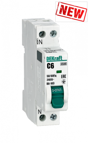 Авт. выкл. 1+N 6А х-ка D ВА-103 4,5кА | код 12407DEK | DEKraft